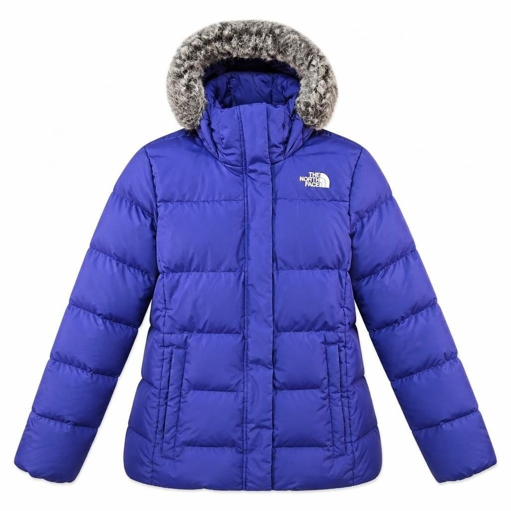 North Face Gotham Jacket Womens XL Blue Down Puffer Faux Fur Hooded Quilted